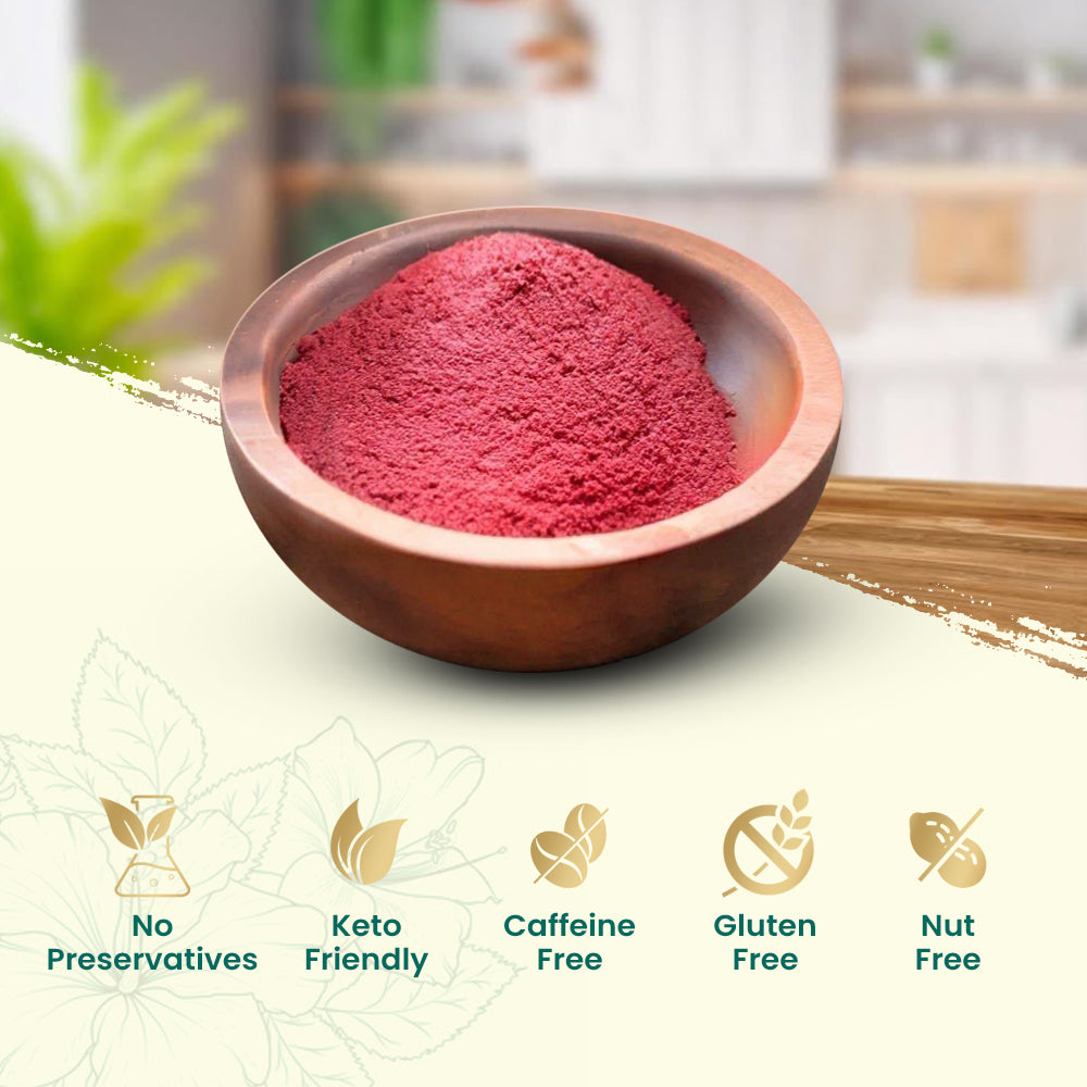 Wooden bowl with red hibiscus powder on a light green background with health benefit icons, natural herbal powder for wellness.