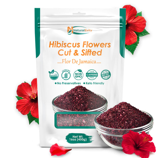 Natural Evity Cut & Sifted Hibiscus Flowers package with red flowers on a white background, for teas, recipes, or extracts.