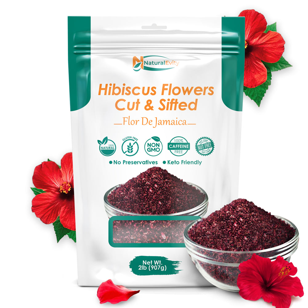 Package of cut & sifted hibiscus flowers with red flowers on a white background, herbal flowers for culinary and tea use.