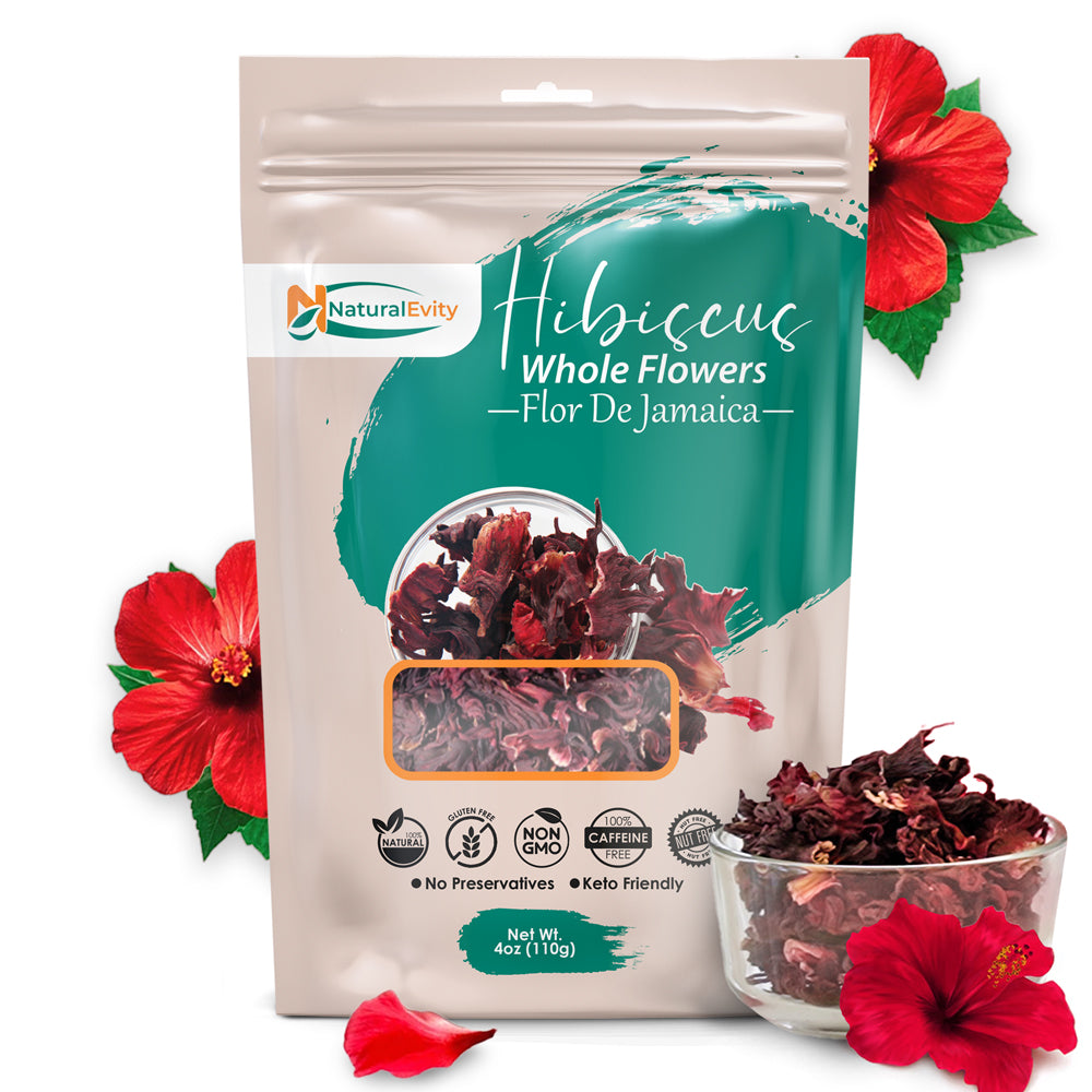 Package of Natural Evity 4oz Hibiscus Whole Flowers with red flowers on a white background.