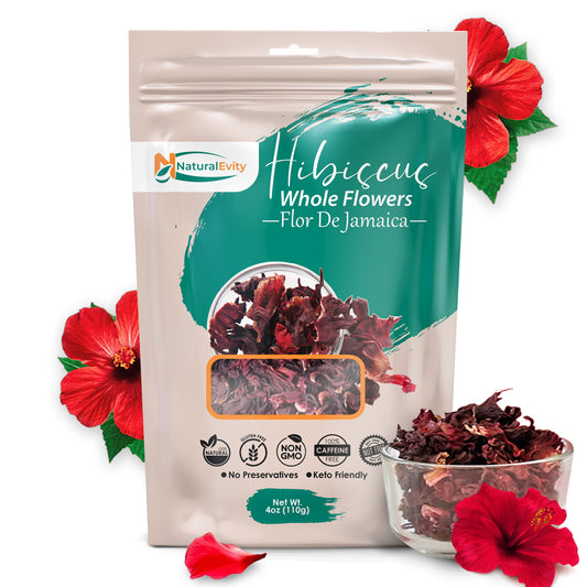 Package of Natural Evity 4oz Hibiscus Whole Flowers with red flowers on a white background.