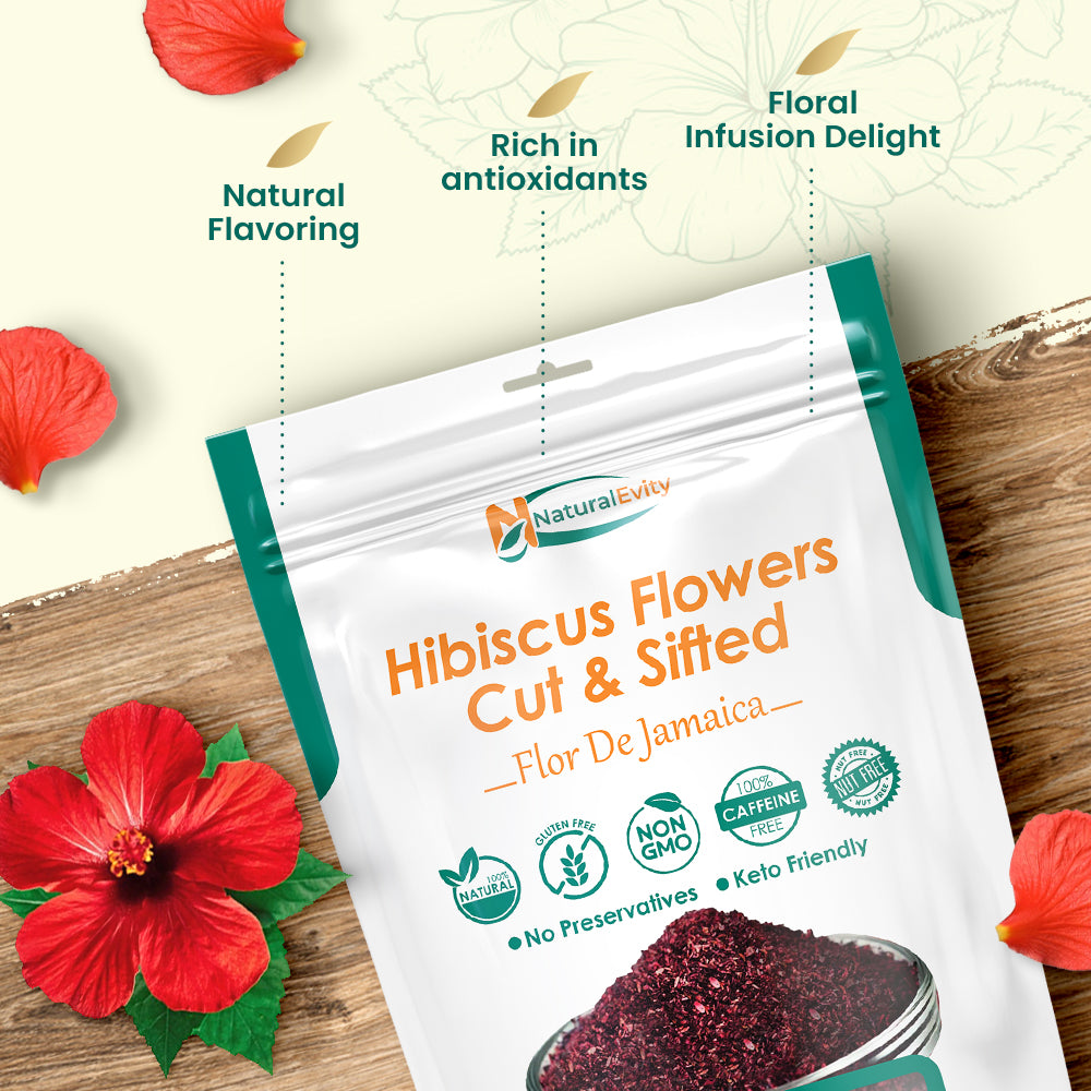 Flor De Jamaica Cut & Sifted Hibiscus Flowers package with red flowers on a wooden surface, natural herbal flowers for cooking or tea.