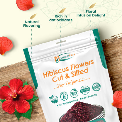 Flor De Jamaica Cut & Sifted Hibiscus Flowers package with red flowers on a wooden surface, natural herbal flowers for cooking or tea.