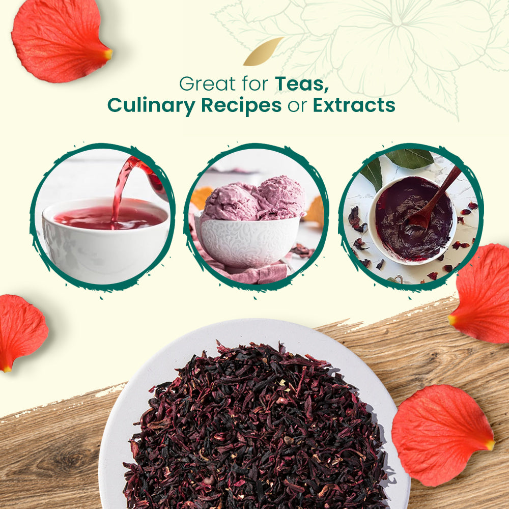 Cut & sifted hibiscus flowers and dried leaves with text about uses in teas, recipes, or herbal extracts.