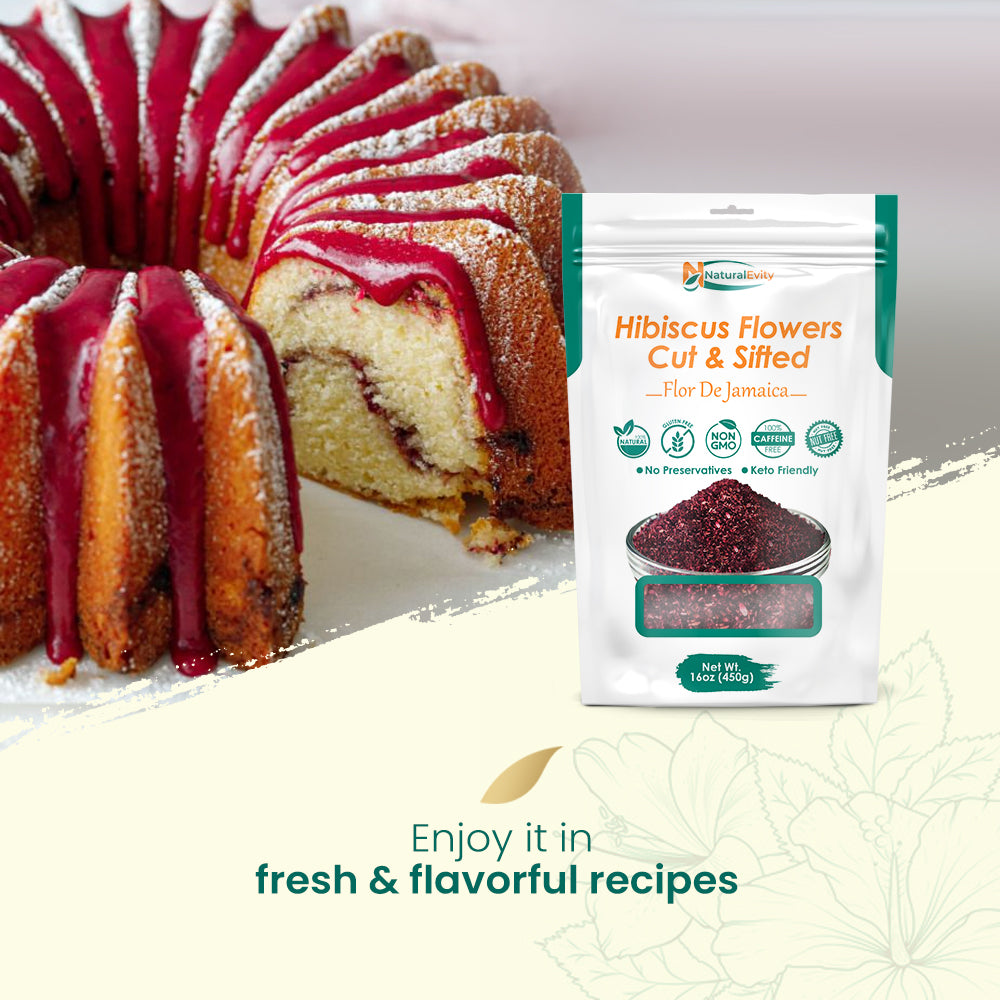 Bundt cake with red hibiscus glaze and a package of cut & sifted hibiscus flowers on a light background.