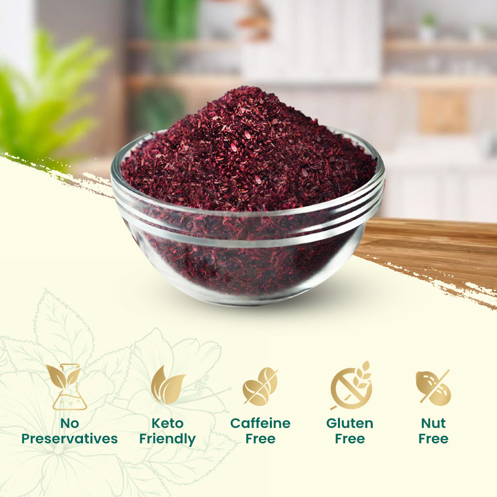 Glass bowl of red hibiscus powder with health benefit icons on a light background, natural herbal powder for wellness and teas.