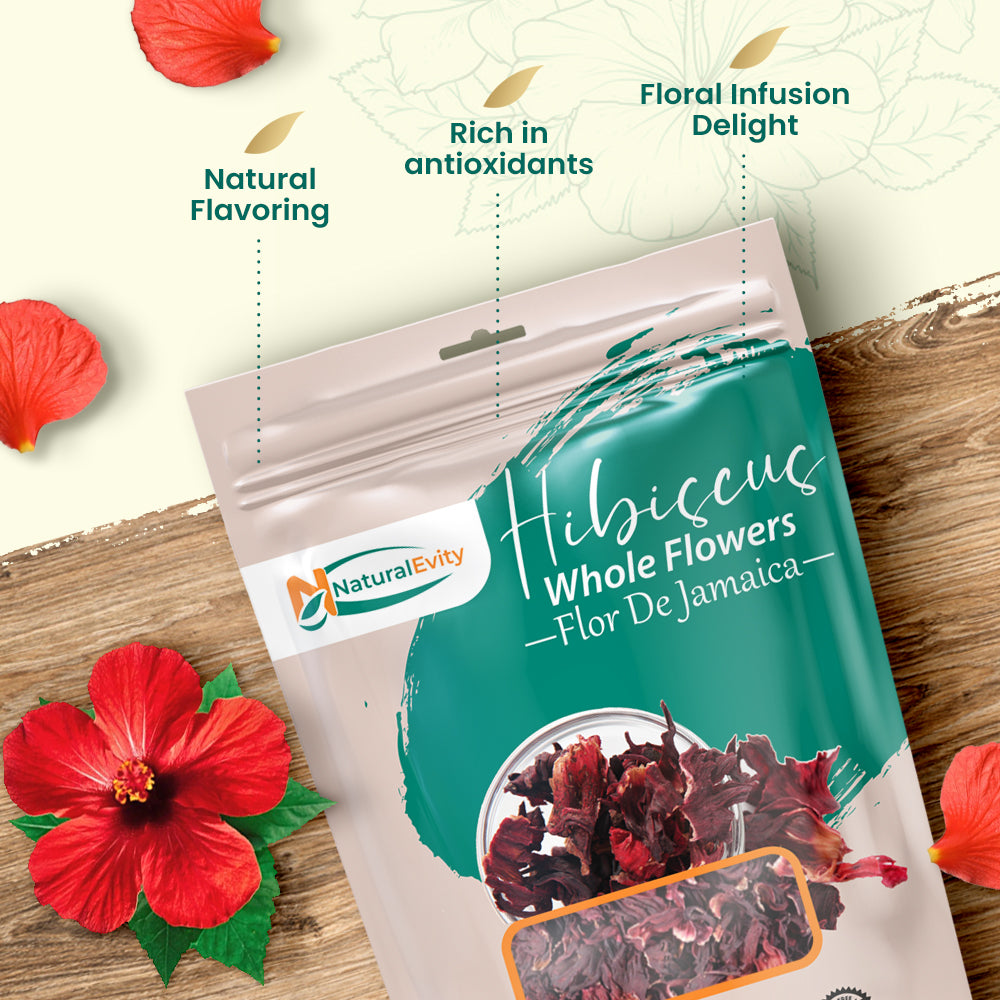 Package of hibiscus whole flowers with floral elements on a wooden surface.