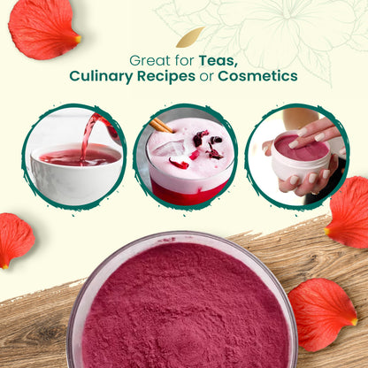 Red hibiscus powder in a bowl, for teas, culinary recipes, or natural cosmetic applications, on a light background.