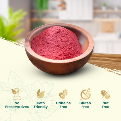 Wooden bowl with red hibiscus powder on a light green background with health benefit icons, natural herbal powder for wellness.