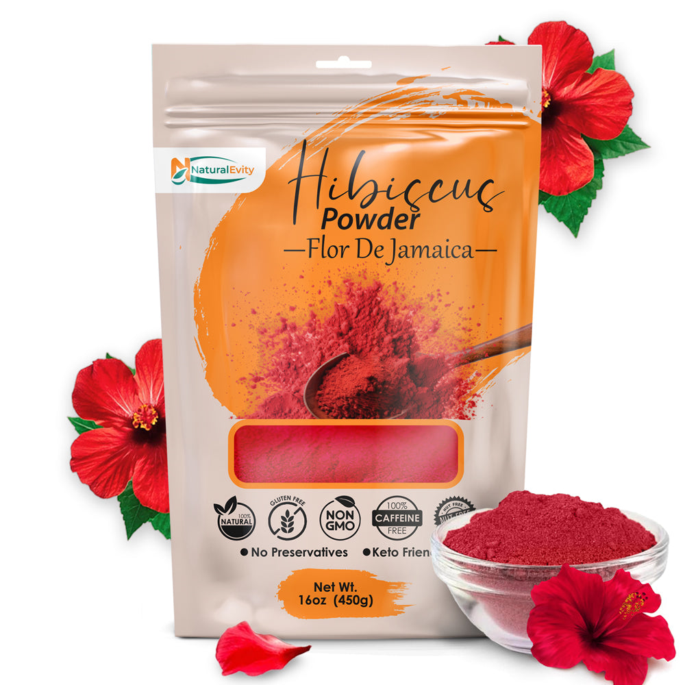 Flor De Jamaica Hibiscus Powder package with hibiscus flowers on a white background, ideal for culinary or cosmetic use.
