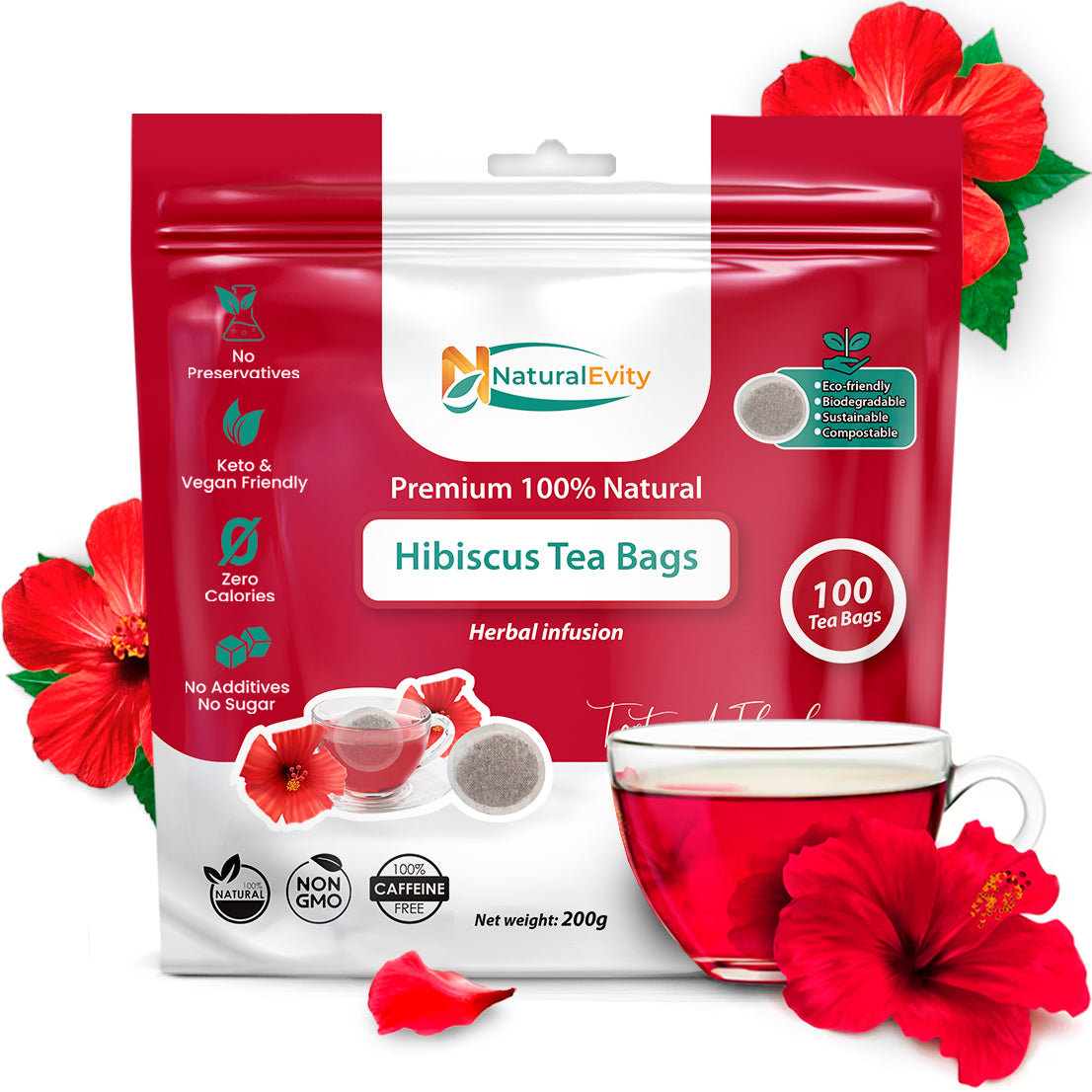 Natural Evity Hibiscus Tea Bags in red and white packaging with hibiscus flowers on a white background.