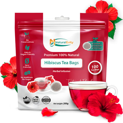 Natural Evity Hibiscus Tea Bags in red and white packaging with hibiscus flowers on a white background.