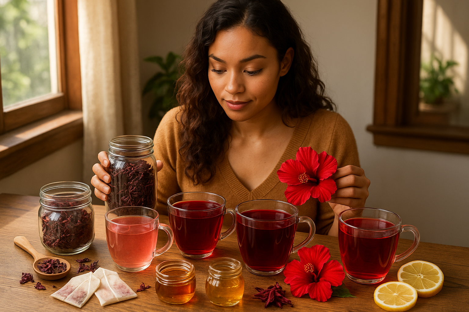 create a photo of a woman going over the different type of hibiscu tea